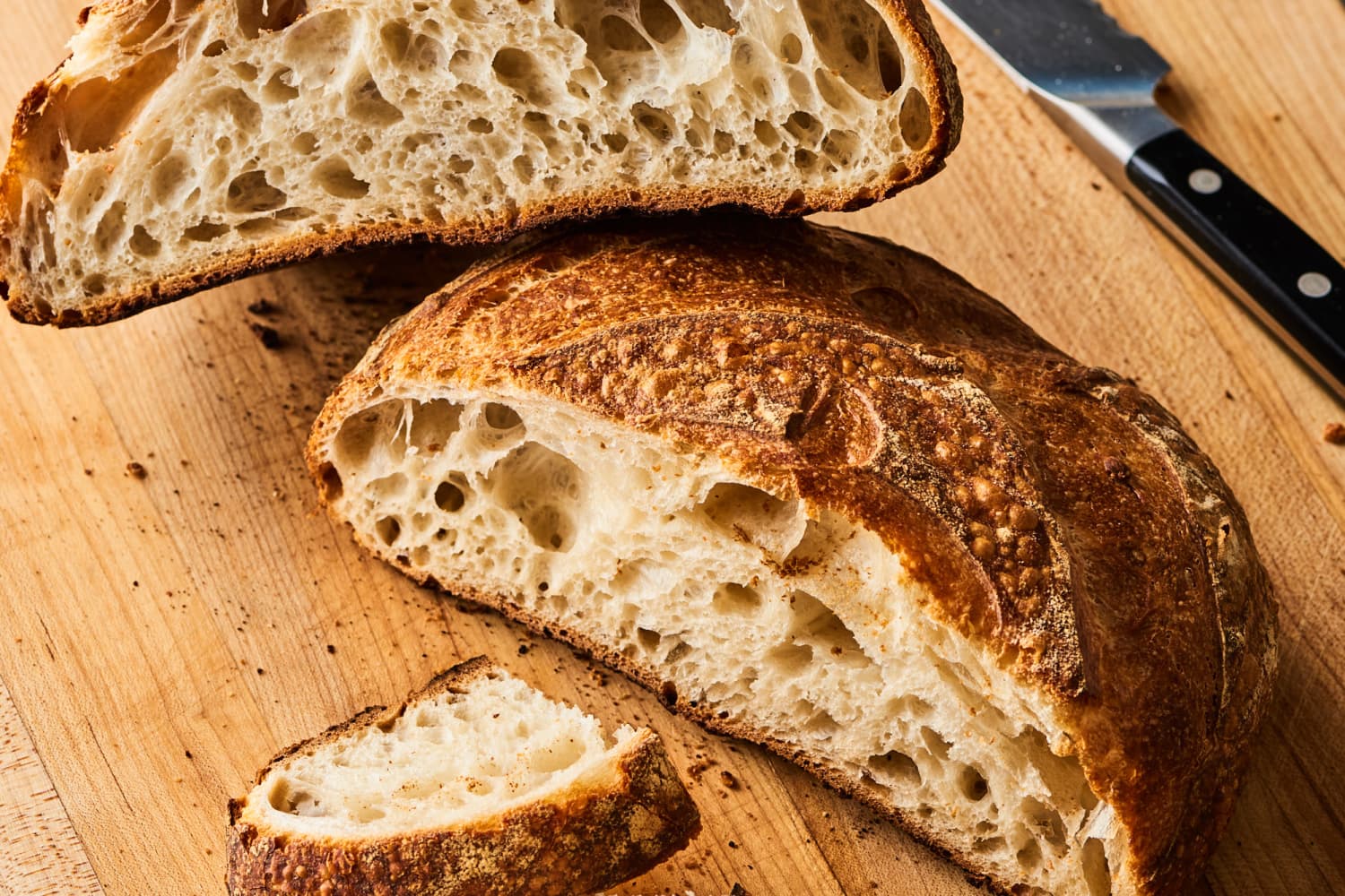 Sourdough bread sliced in half.