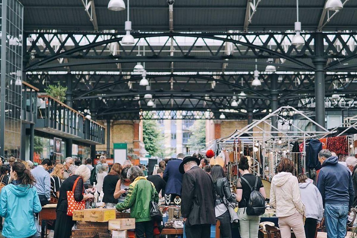 Image overlooking food vendors in Spitalfields Market