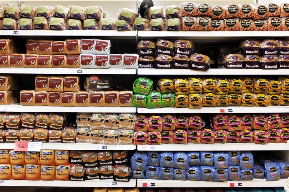 Image of major branded bread products in supermarket shelves