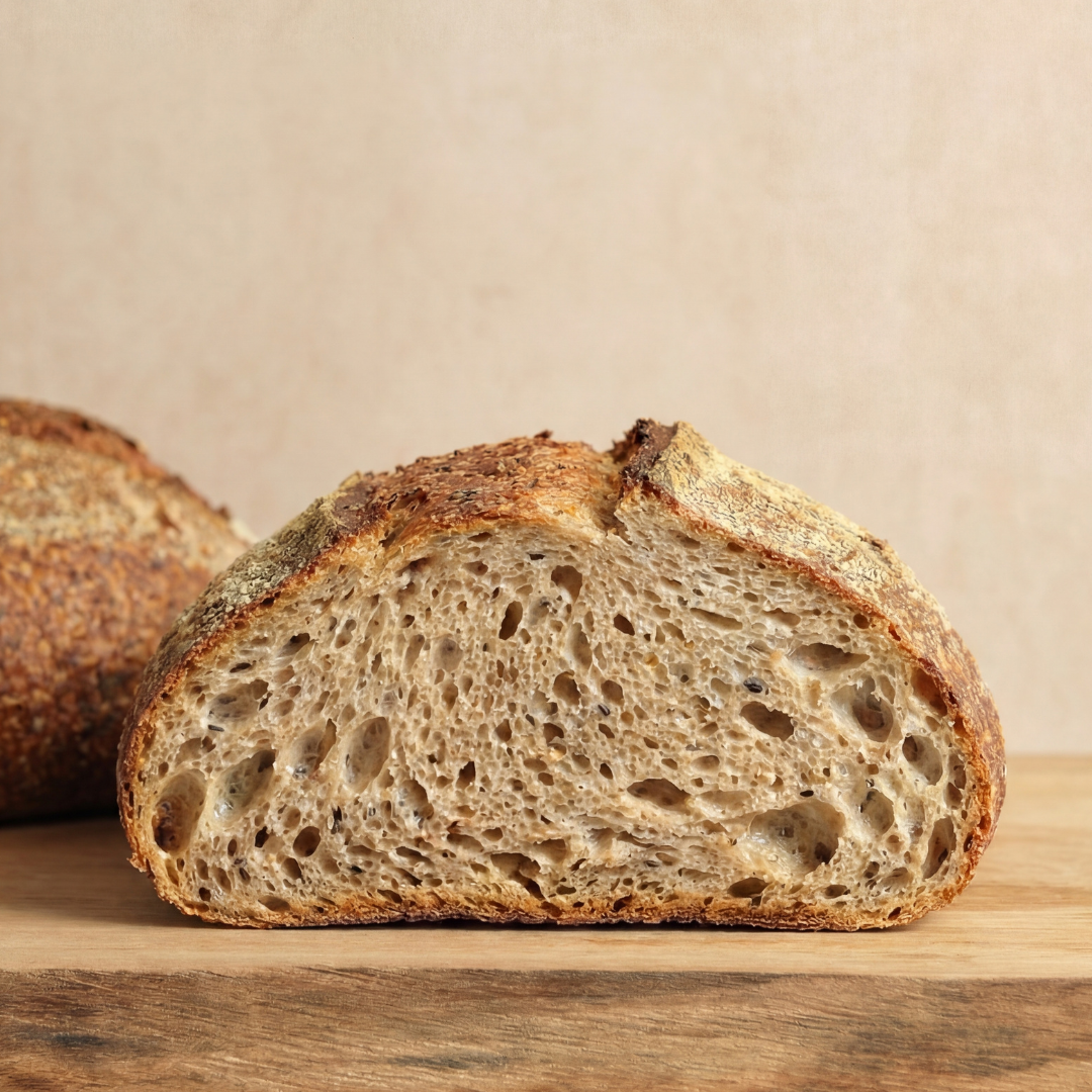Sliced loaf of seeded sourdough bread on a wooden surface with a beige background.