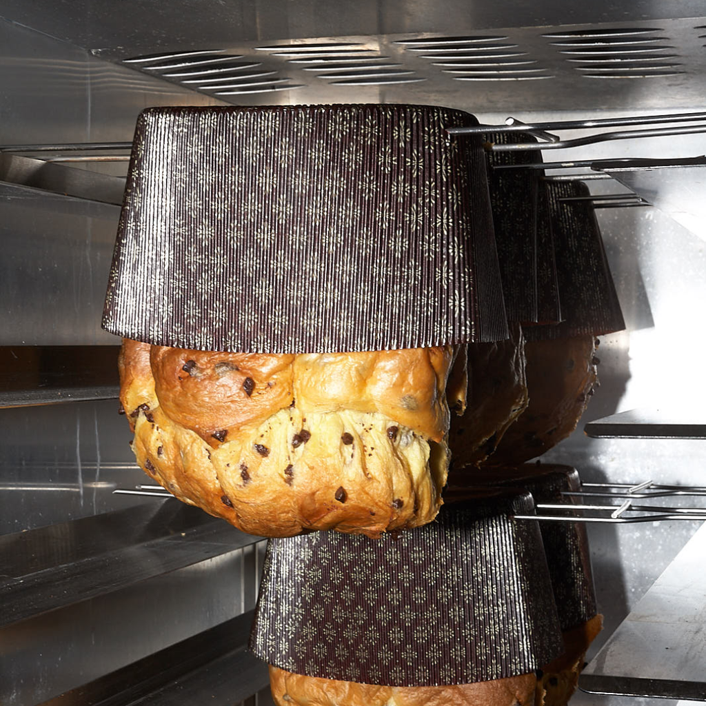 Braided bread with chocolate chips in an oven.