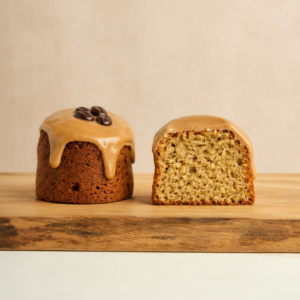 Two pieces of coffee cake with caramel glaze on a wooden surface against a beige background