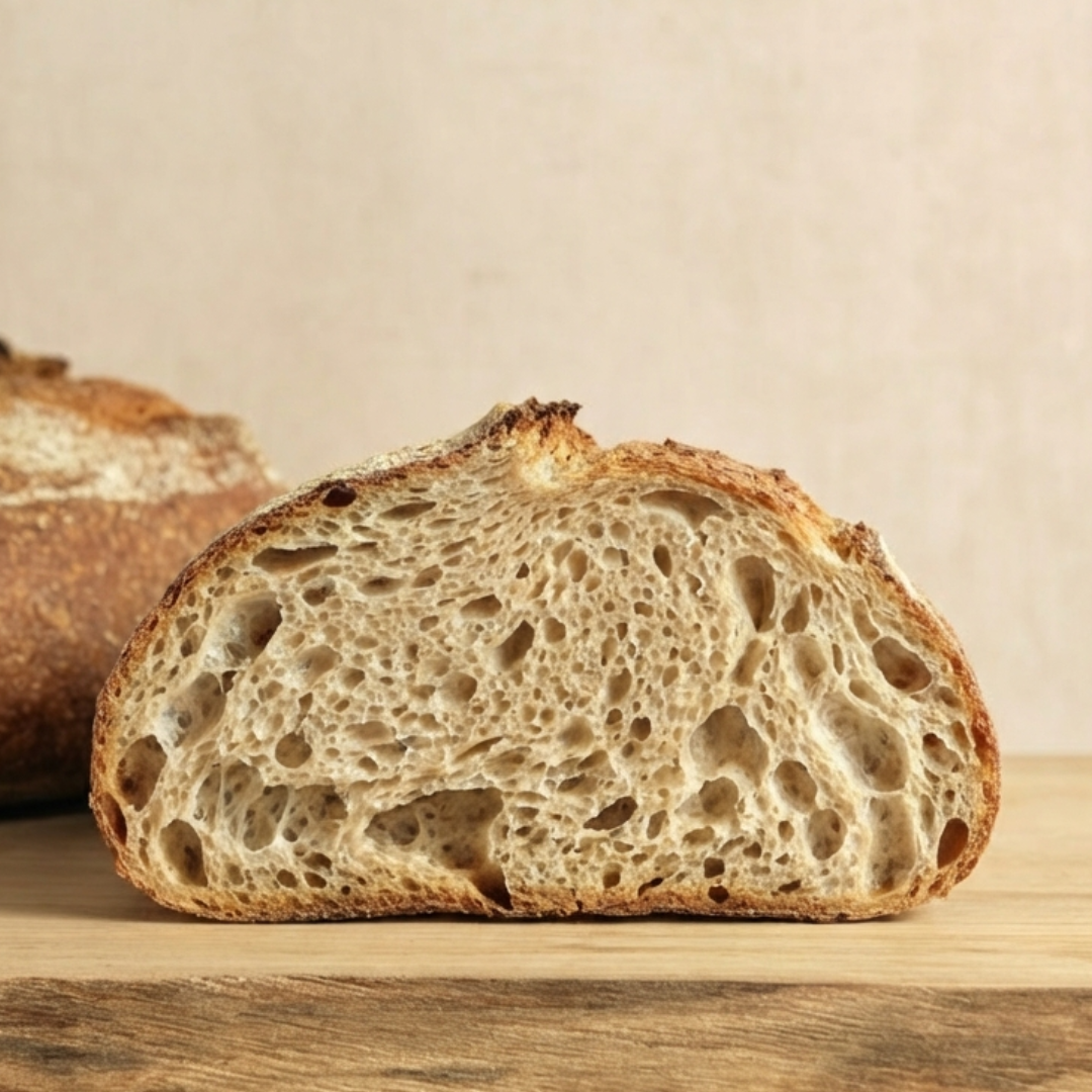 A slice of sourdough bread on a wooden surface with a beige background.