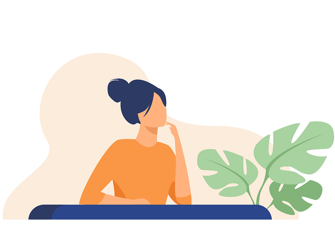 Woman thinking with houseplant. Illustration.