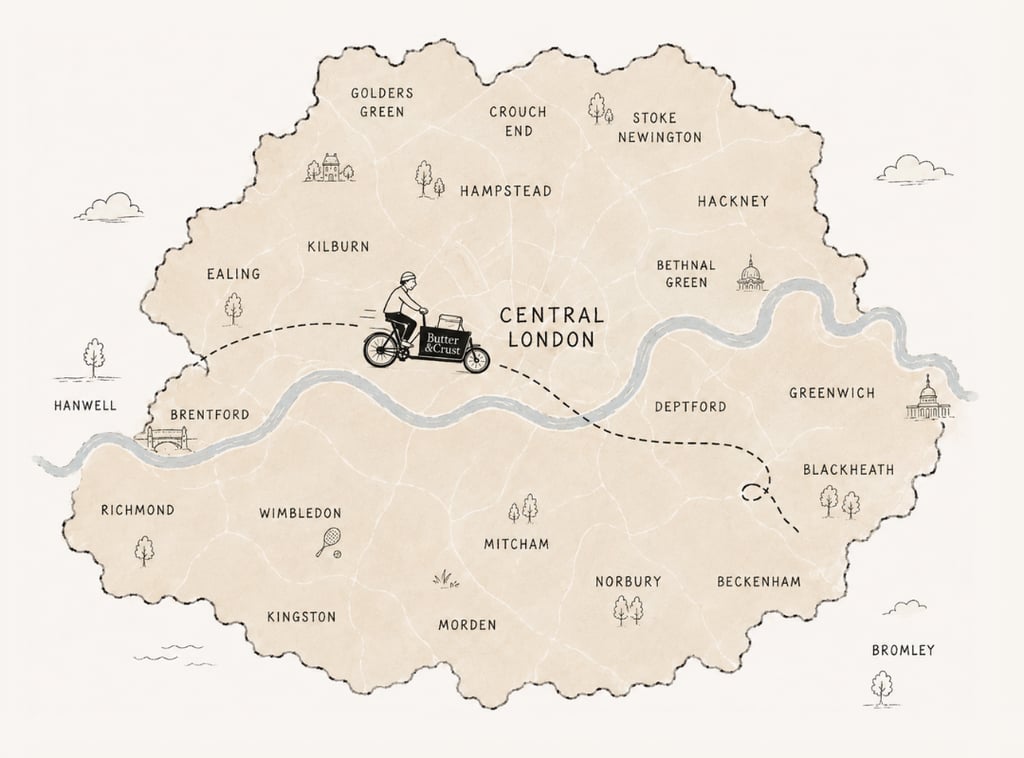 Illustrated map of London with a Butter and Crust cargo bike crossing the city